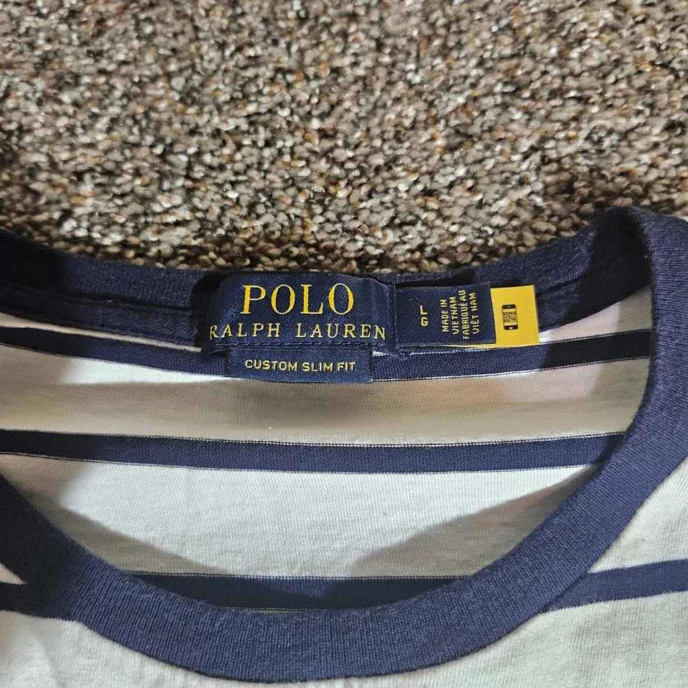 Polo Ralph Lauren Mens Custom Slim Fit Striped T-Shirt Navy White Red Pony LG